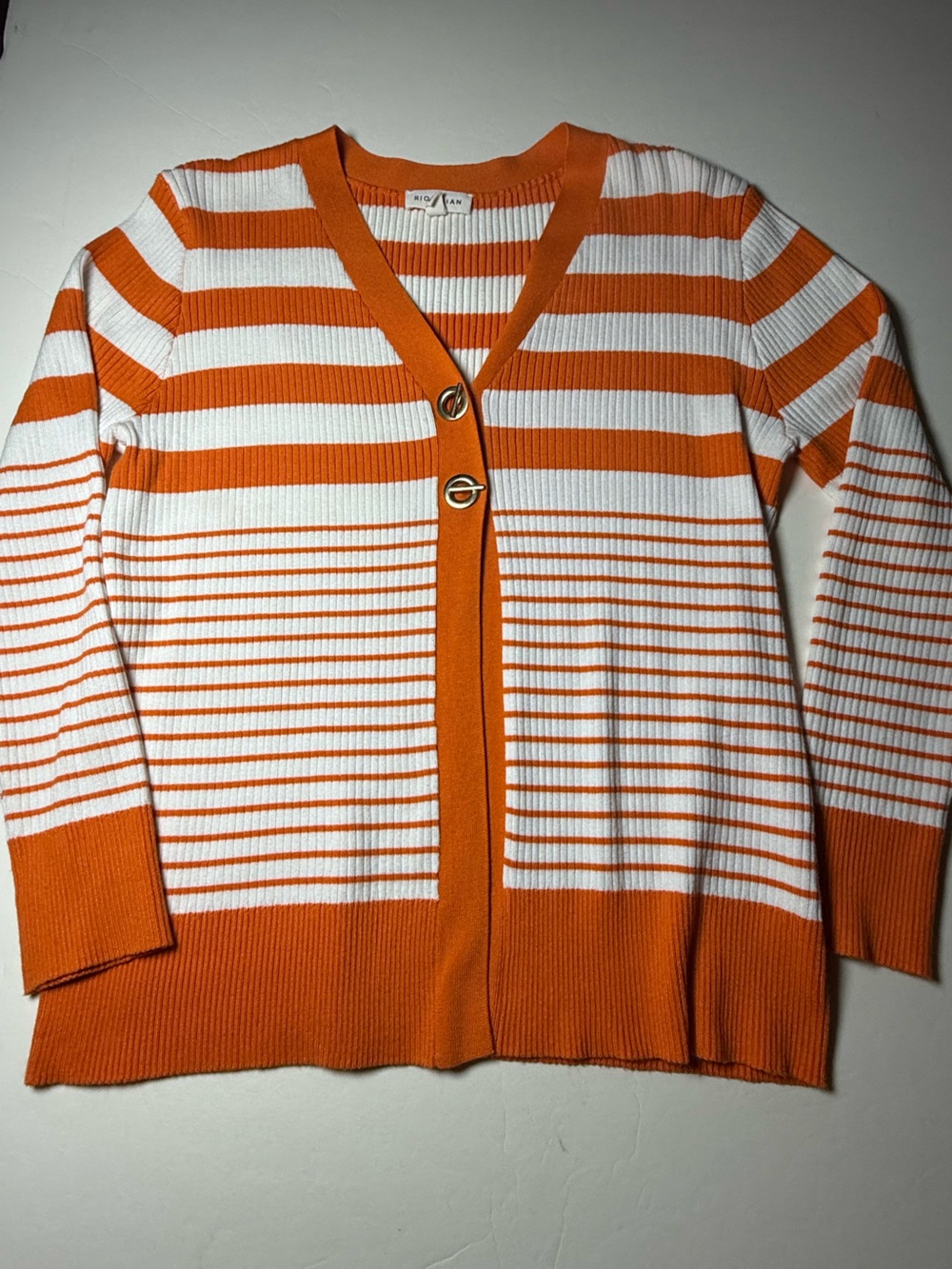 Rio & Rain Large Orange White Striped Ribbed Knit Cardigan